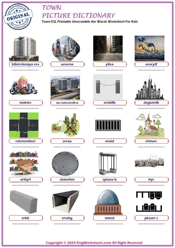 Town ESL Printable Unscramble the Words Worksheet For Kids Worksheet Preview