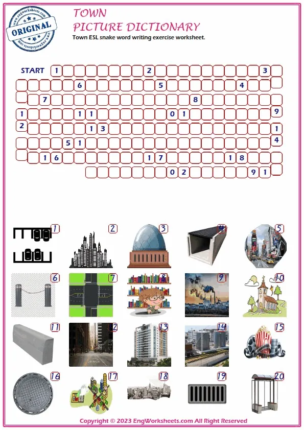 Town ESL snake word writing exercise worksheet. Worksheet Preview