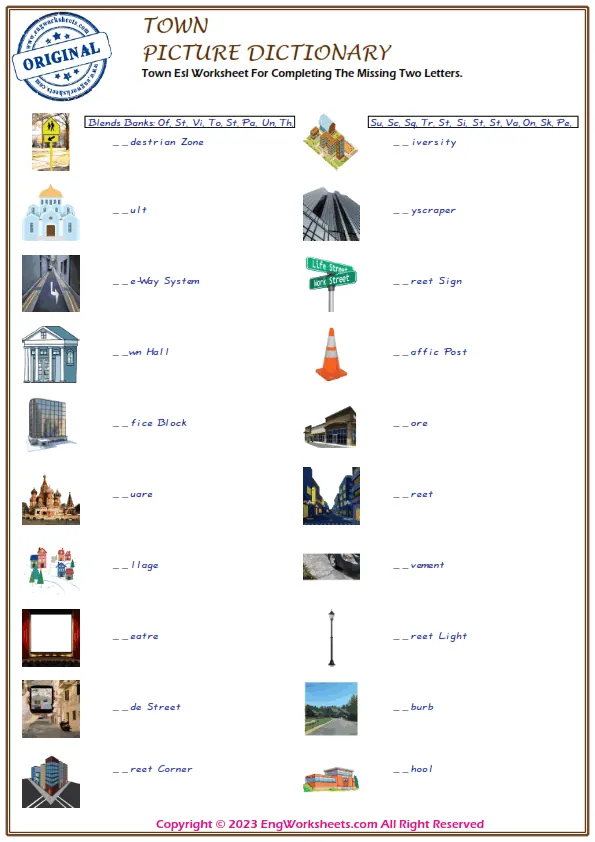 Town Esl Worksheet For Completing The Missing Two Letters. Worksheet Preview