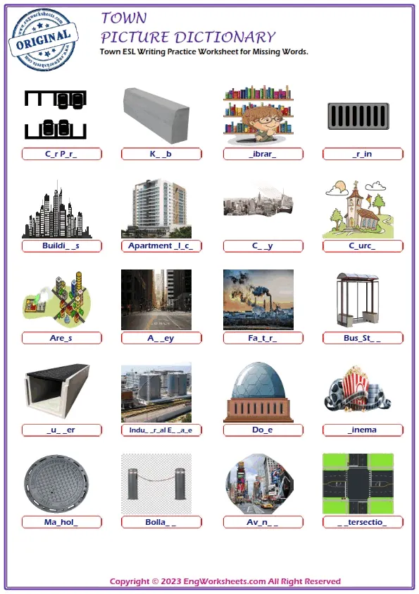 Town ESL Writing Practice Worksheet for Missing Words. Worksheet Preview