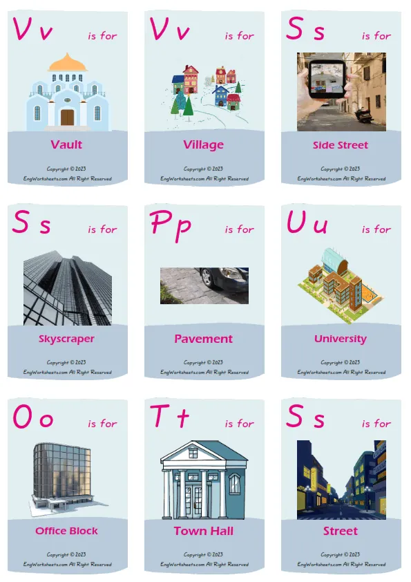 Town vocabulary worksheet with words, nine images per page Worksheet Preview