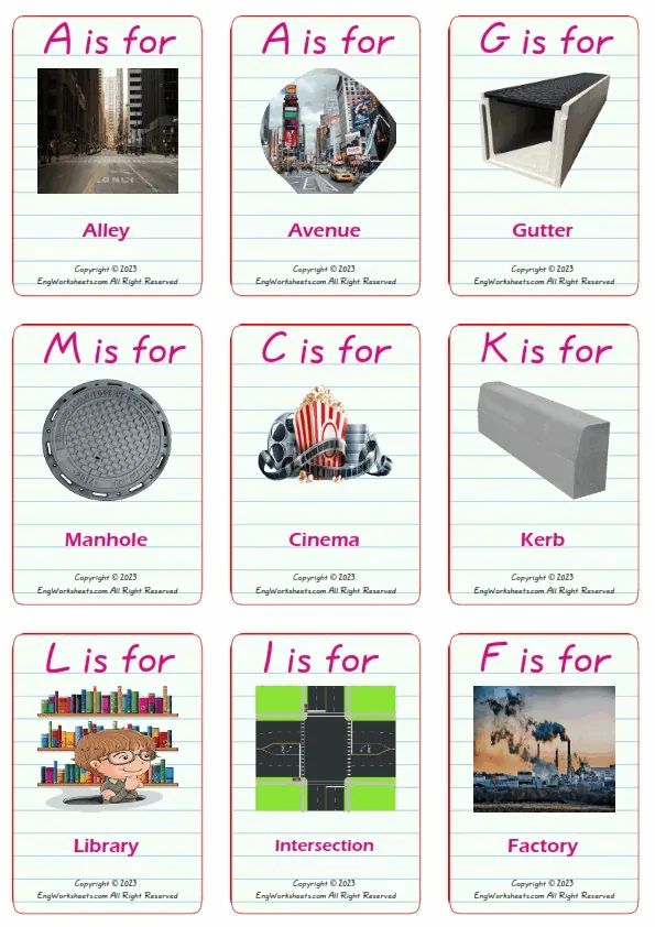 Town vocabulary worksheet with words, nine images per page Worksheet Preview