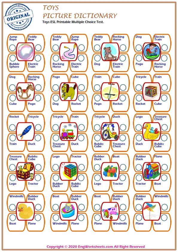 Toys ESL Printable Multiple Choice Test.