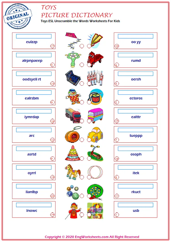 Toys ESL Unscramble the Words Worksheets For Kids Worksheet Preview