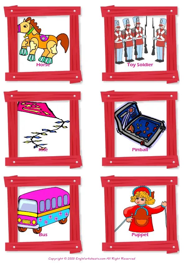 Toys vocabulary worksheet with words, six images per page Worksheet Preview