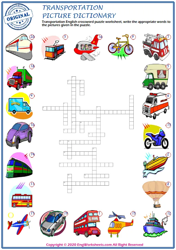 Transportation English crossword puzzle worksheet, write the appropriate words to the pictures given in the puzzle. Worksheet Preview