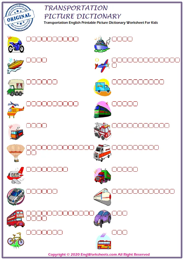 Transportation English Printable Picture Dictionary Worksheet For Kids Worksheet Preview