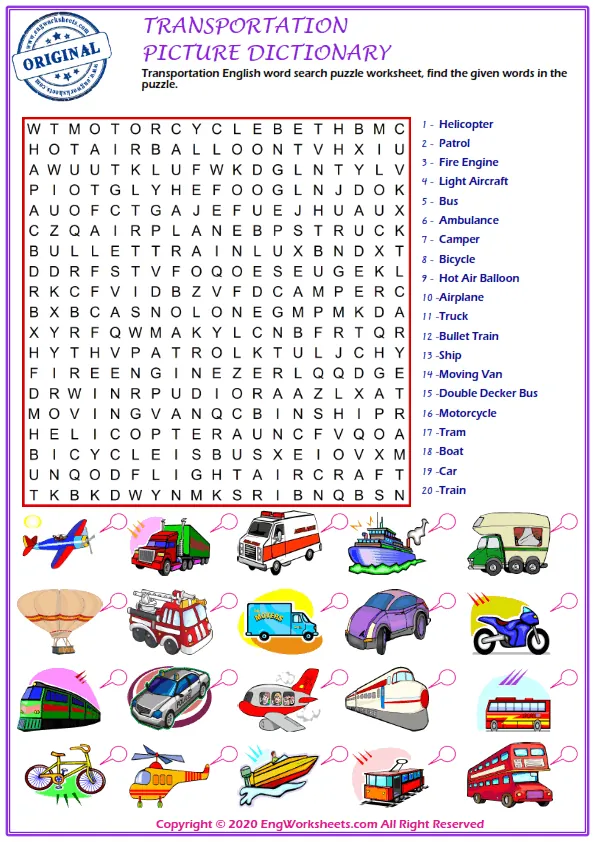 Transportation English word search puzzle worksheet, find the given words in the puzzle. Worksheet Preview