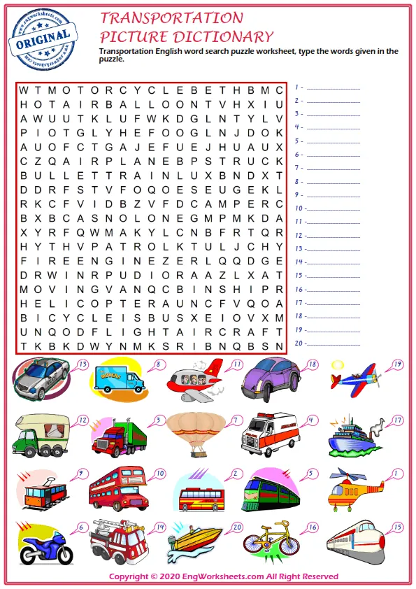 Transportation English word search puzzle worksheet, type the words given in the puzzle. Worksheet Preview