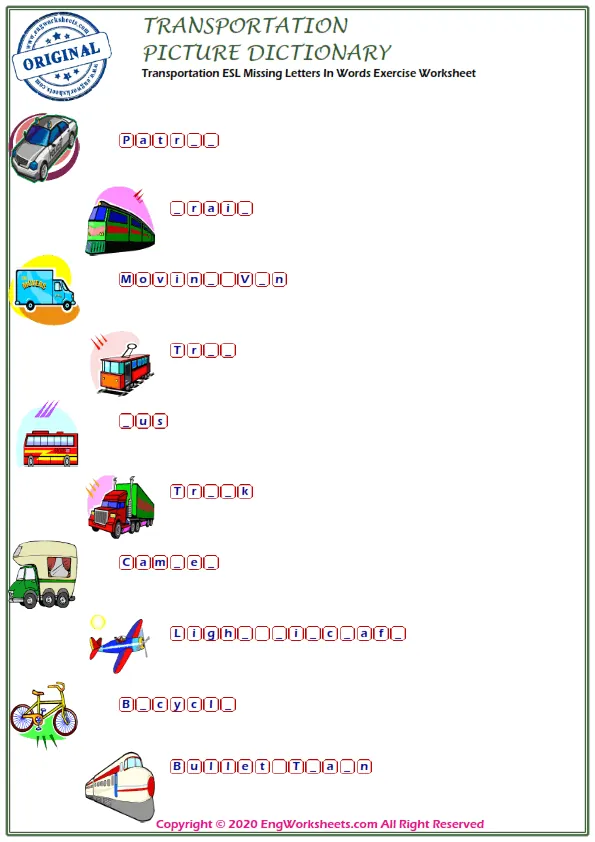 Transportation ESL Missing Letters In Words Exercise Worksheet Worksheet Preview