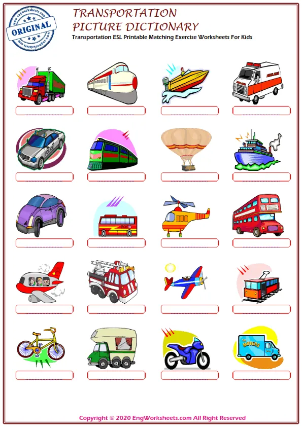 Transportation ESL Printable Matching Exercise Worksheets For Kids Worksheet Preview