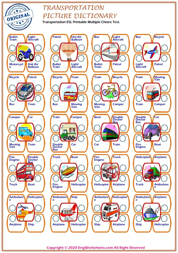 Transportation ESL Printable Multiple Choice Test. Worksheet Preview