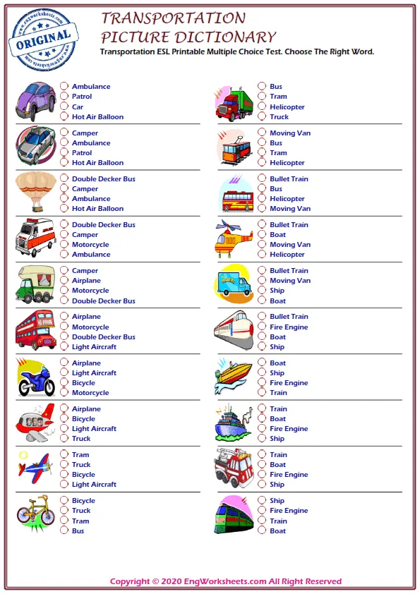 Transportation ESL Printable Multiple Choice Test. Choose The Right Word. Worksheet Preview