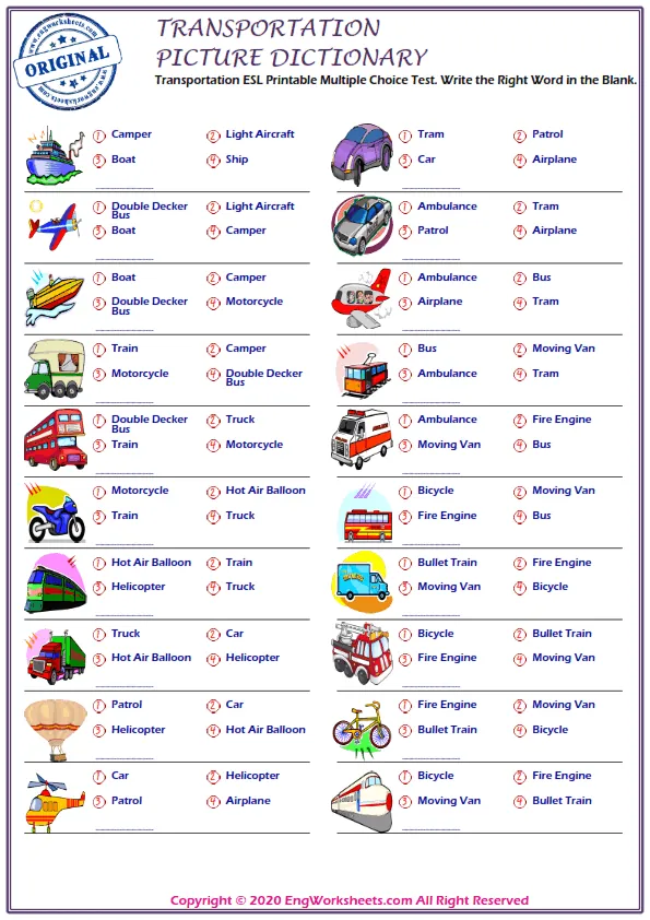Transportation ESL Printable Multiple Choice Test. Write the Right Word in the Blank. Worksheet Preview