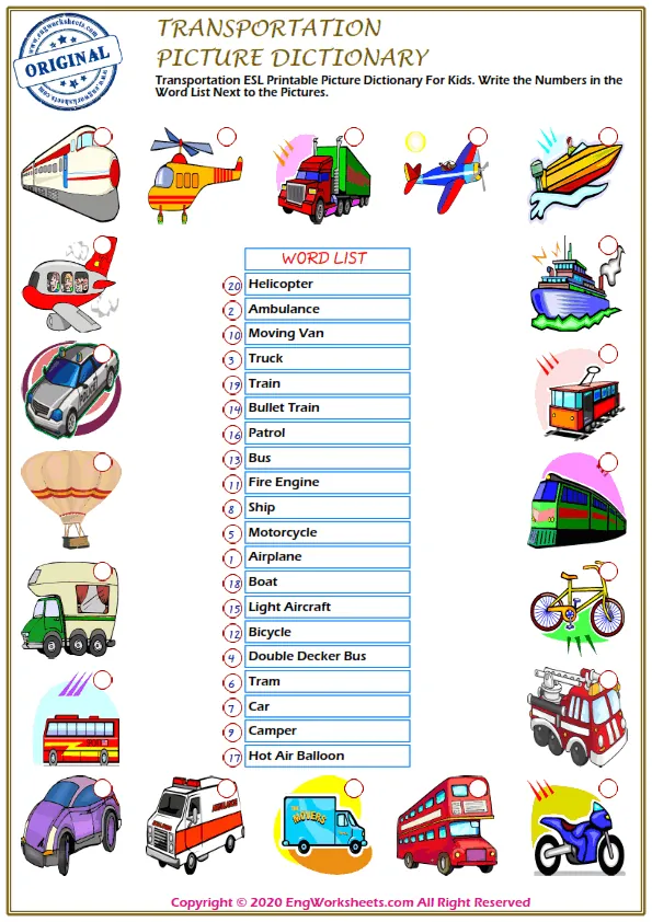 Transportation ESL Printable Picture Dictionary For Kids. Write the Numbers in the Word List Next to the Pictures. Worksheet Preview