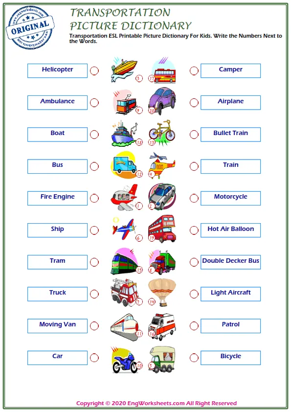 Transportation ESL Printable Picture Dictionary For Kids. Write the Numbers Next to the Words. Worksheet Preview