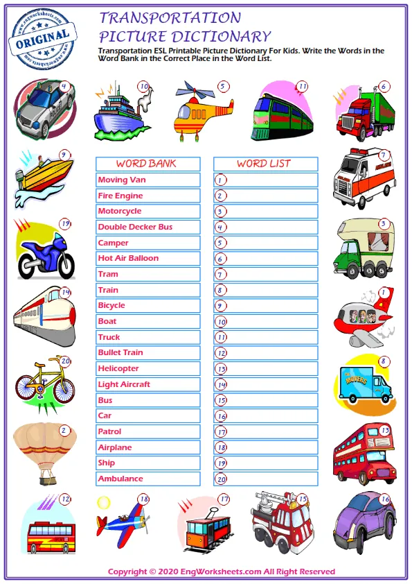 Transportation ESL Printable Picture Dictionary For Kids. Write the Words in the Word Bank in the Correct Place in the Word List. Worksheet Preview
