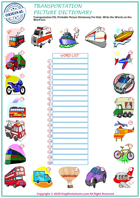 Transportation ESL Printable Picture Dictionary For Kids. Write the Words on the Word List. Worksheet Preview