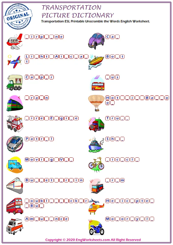 Transportation ESL Printable Unscramble the Words English Worksheet. Worksheet Preview