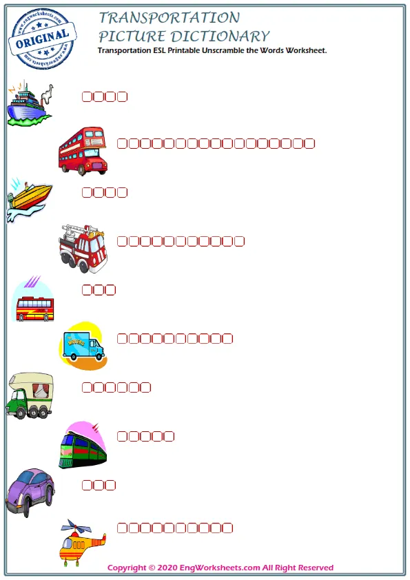 Transportation ESL Printable Unscramble the Words Worksheet. Worksheet Preview