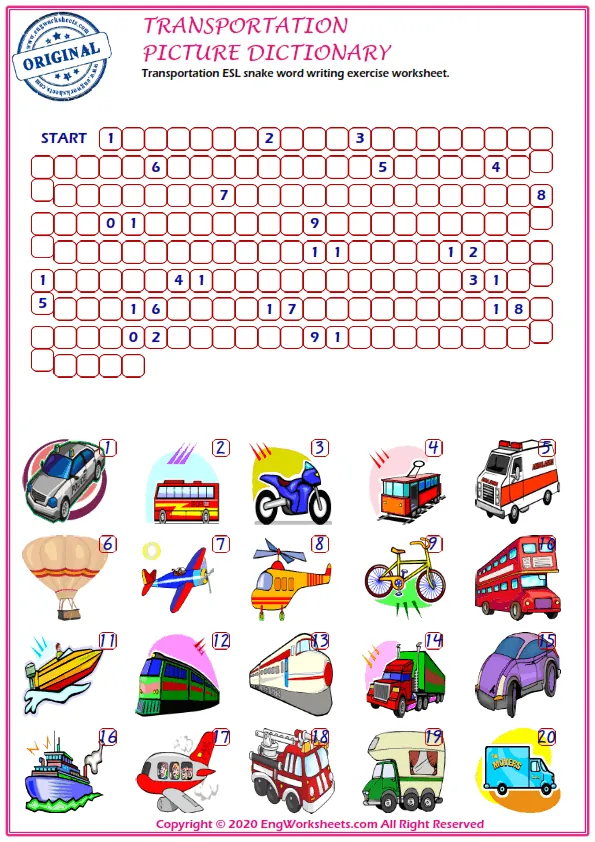 Transportation ESL snake word writing exercise worksheet. Worksheet Preview