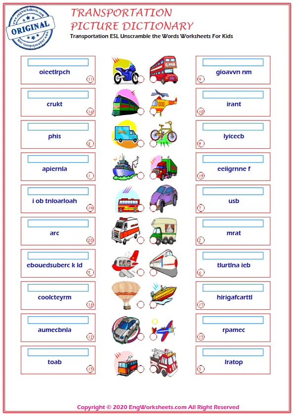 Transportation ESL Unscramble the Words Worksheets For Kids Worksheet Preview