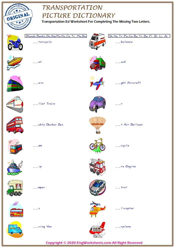 Transportation Esl Worksheet For Completing The Missing Two Letters. Worksheet Preview