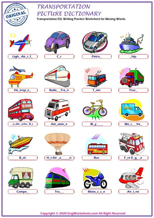 Transportation ESL Writing Practice Worksheet for Missing Words. Worksheet Preview