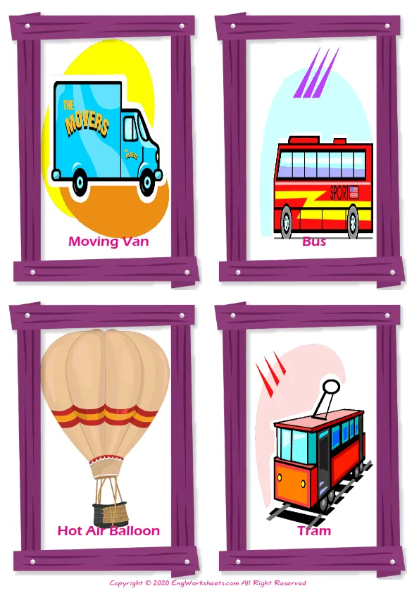 Transportation vocabulary worksheet with words, four images per page Worksheet Preview