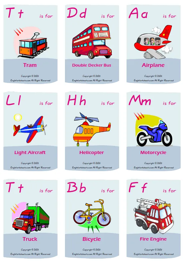 Transportation vocabulary worksheet with words, nine images per page Worksheet Preview