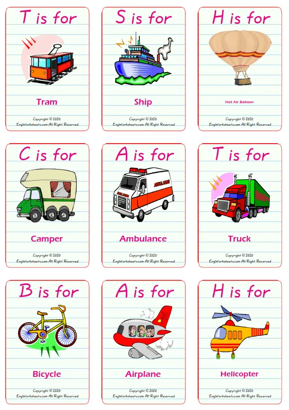 Transportation vocabulary worksheet with words, nine images per page Worksheet Preview