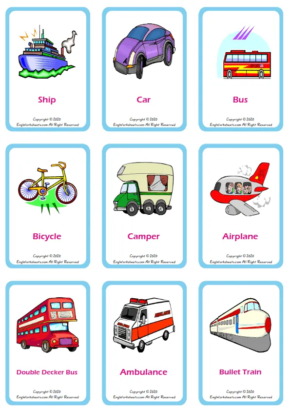 Transportation vocabulary worksheet with words, nine images per page Worksheet Preview