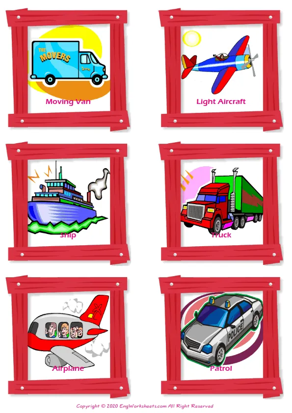 Transportation vocabulary worksheet with words, six images per page Worksheet Preview