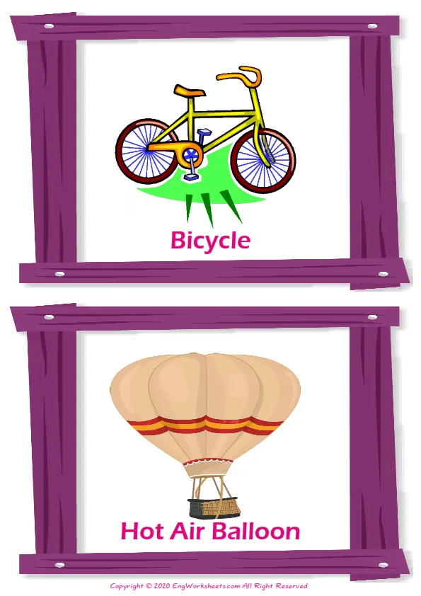 Transportation vocabulary worksheet with words, two images per page Worksheet Preview