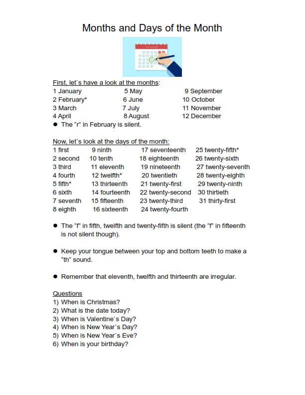 Months And Days Of The Month