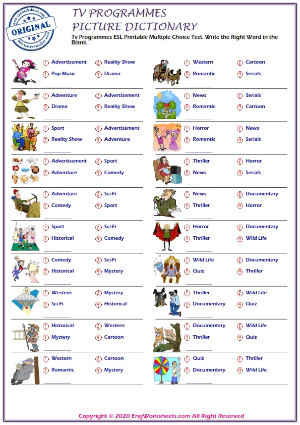 Tv Programmes ESL Printable Multiple Choice Test. Write the Right Word in the Blank. Worksheet Preview