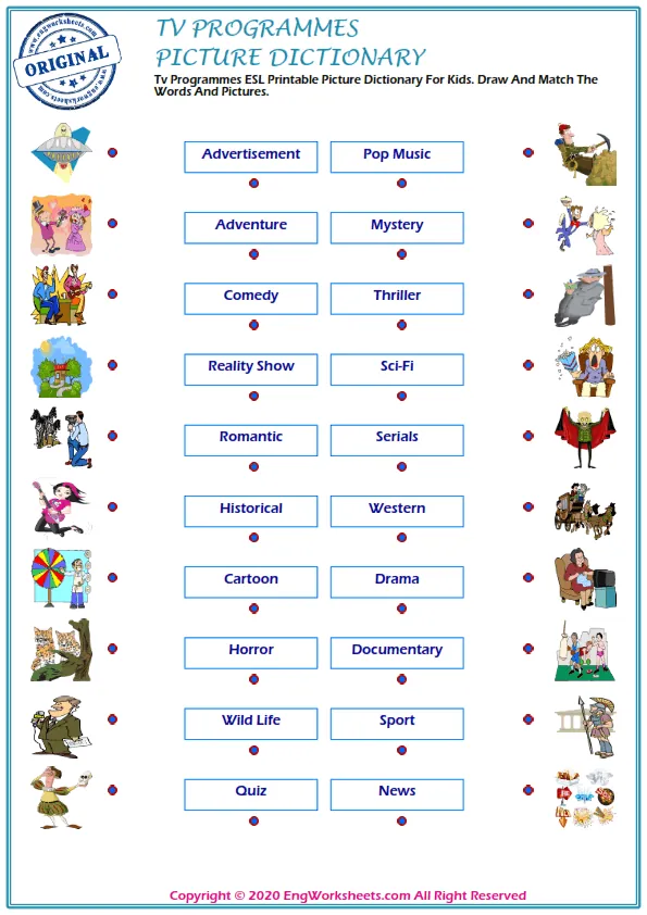 Tv Programmes ESL Printable Picture Dictionary For Kids. Draw And Match The Words And Pictures. Worksheet Preview