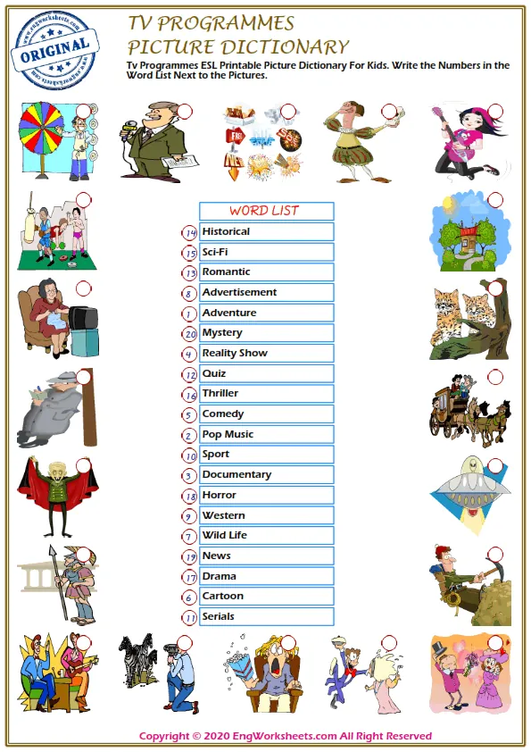 Tv Programmes ESL Printable Picture Dictionary For Kids. Write the Numbers in the Word List Next to the Pictures. Worksheet Preview