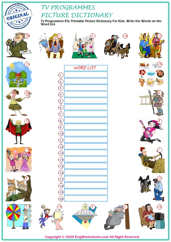 Tv Programmes ESL Printable Picture Dictionary For Kids. Write the Words on the Word List. Worksheet Preview