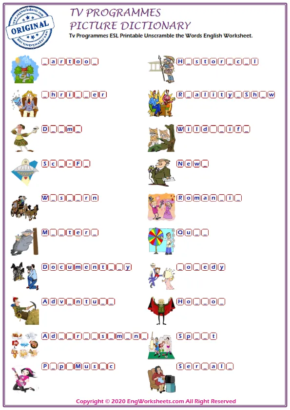 Tv Programmes ESL Printable Unscramble the Words English Worksheet. Worksheet Preview