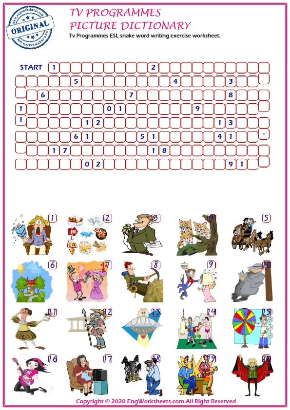 Tv Programmes ESL snake word writing exercise worksheet. Worksheet Preview