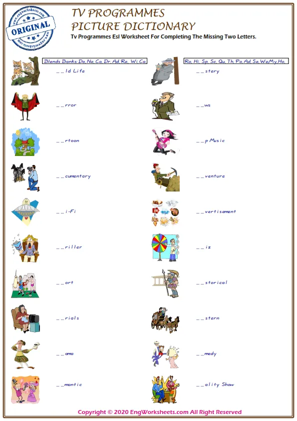 Tv Programmes Esl Worksheet For Completing The Missing Two Letters.