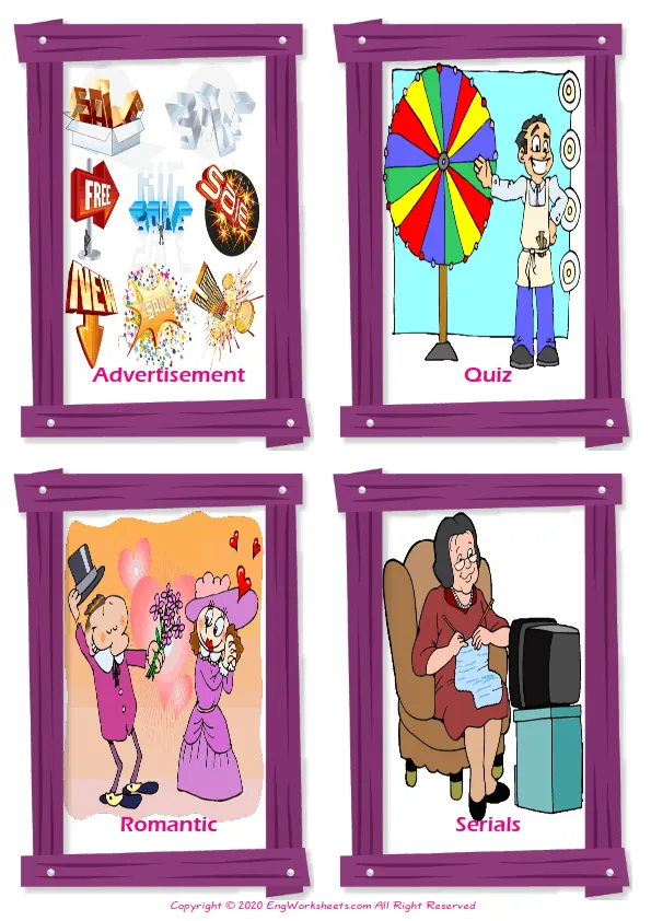 Tv Programmes vocabulary worksheet with words, four images per page