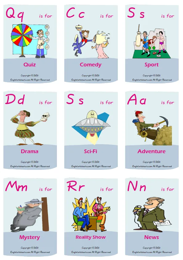 Tv Programmes vocabulary worksheet with words, nine images per page