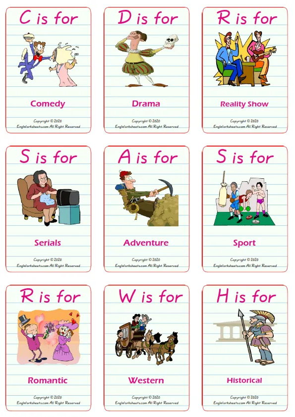 Tv Programmes vocabulary worksheet with words, nine images per page