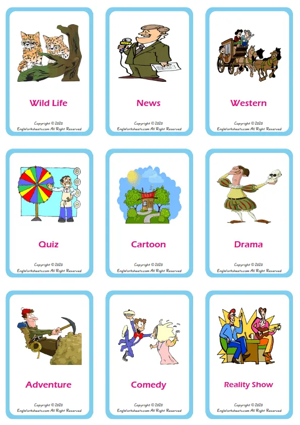 Tv Programmes vocabulary worksheet with words, nine images per page