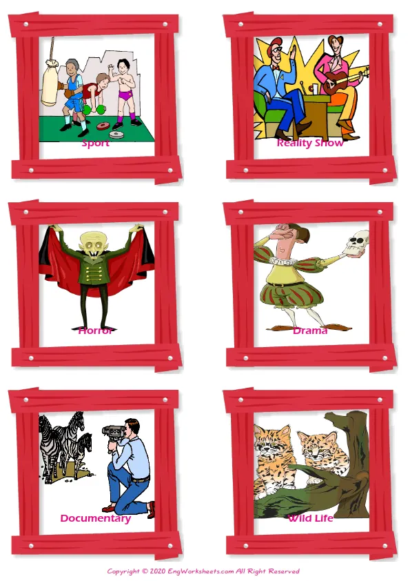Tv Programmes vocabulary worksheet with words, six images per page Worksheet Preview