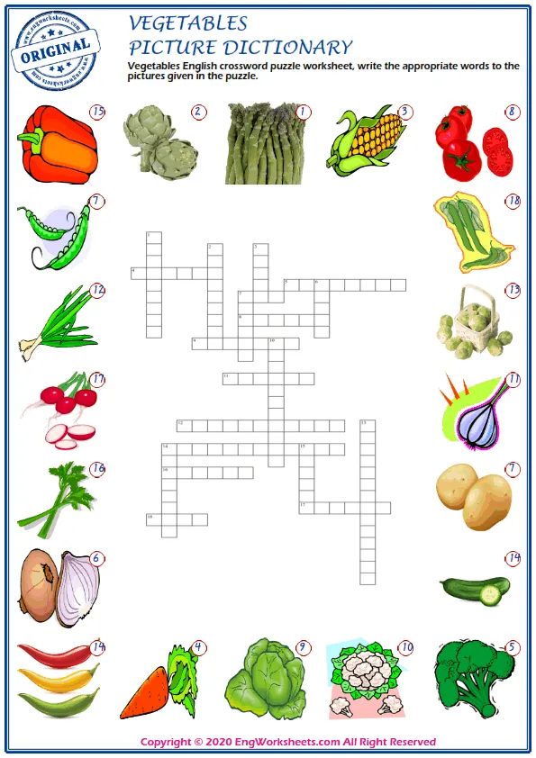 Vegetables English crossword puzzle worksheet, write the appropriate words to the pictures given in the puzzle. Worksheet Preview