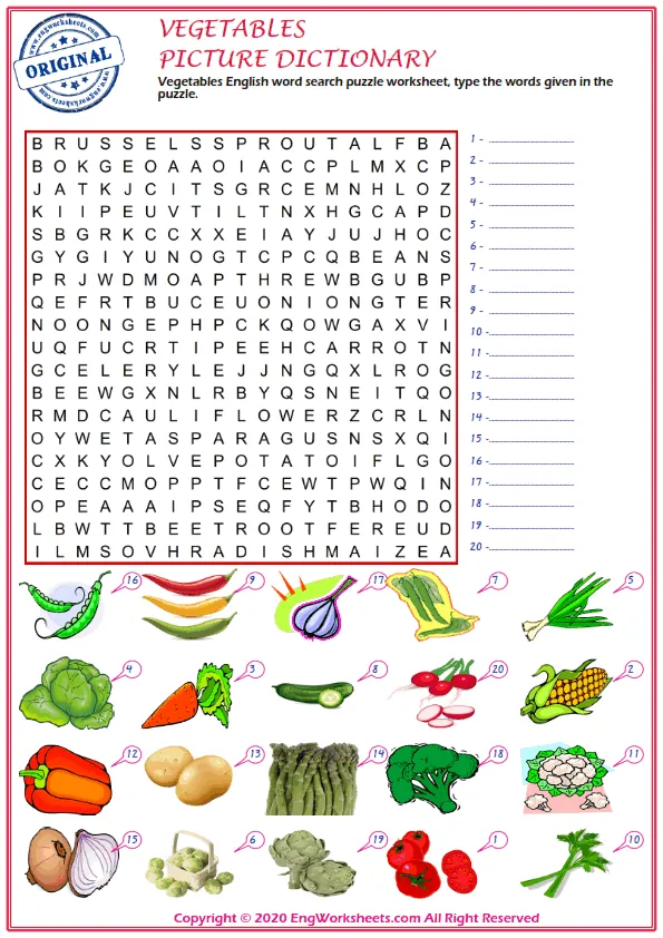 Vegetables English word search puzzle worksheet, type the words given in the puzzle. Worksheet Preview