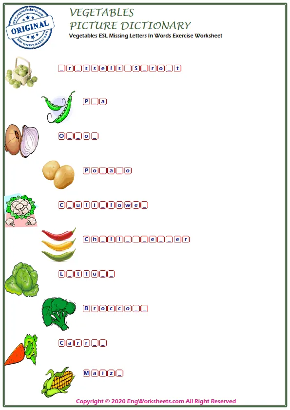Vegetables ESL Missing Letters In Words Exercise Worksheet Worksheet Preview